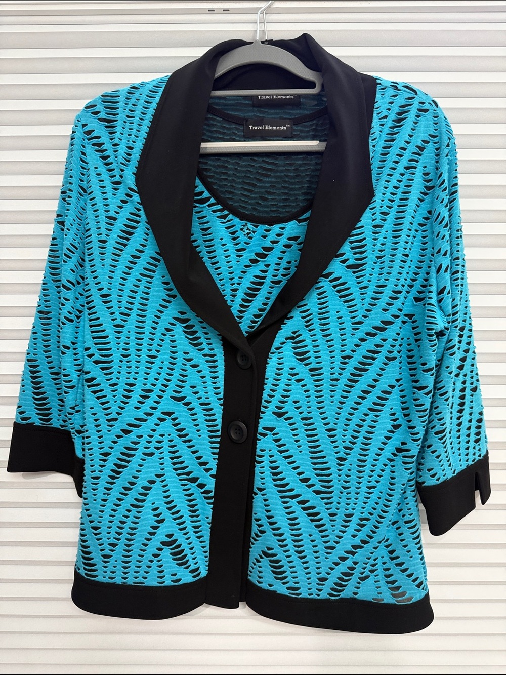 2 Piece Women's Turquoise Openwork Cardigan and short sleeved shirt
